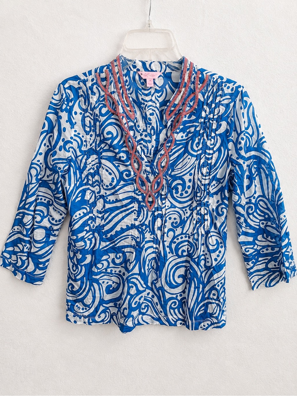 Blue Swirl Print Girls' Tunic Top with Embroidered V-Neck